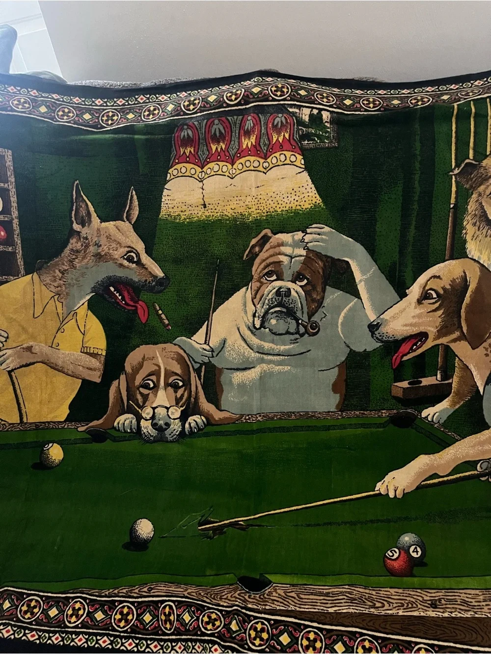 1970’s Dog Pool Hall Throw Tapestry Green, Brown, Tan